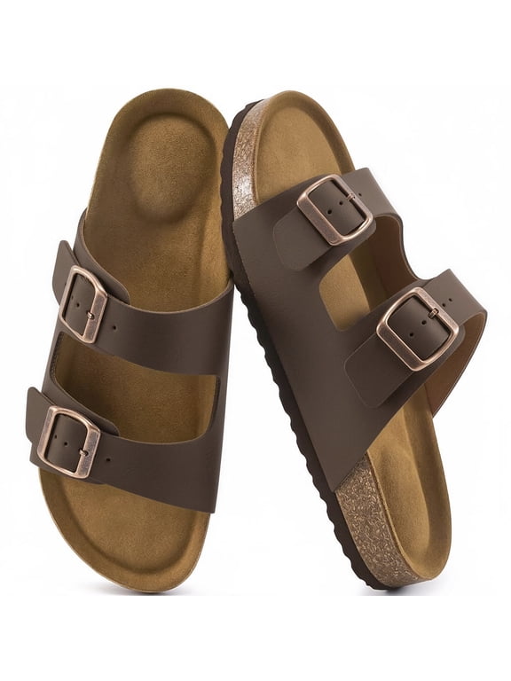 Mens Sandals: Arch Support Cork Footbed Slide Sandals Men Slides Non-Slip With Adjustable Buckle Men Shoes