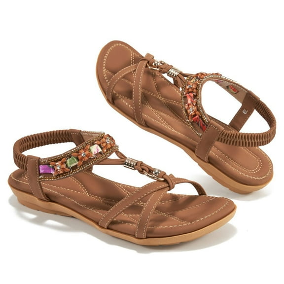 Ablanczoom Sandals Womens：Beaded Comfortable Elastic Band Women Flat Sandals