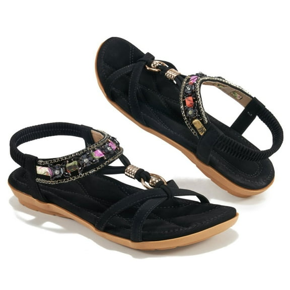 Ablanczoom Sandals Womens：Beaded Comfortable Elastic Band Women Flat Sandals
