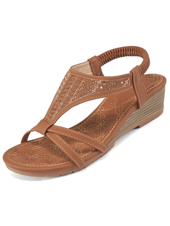 Women Open Toe Platform Wedge Sandals - 1.88 Low Heel Elastic Ankle Strap