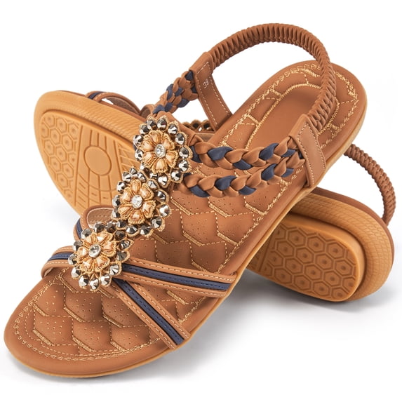 Ablanczoom Women Flat Sandals: Comfortable Bohemian Rhinestone Elastic Ankle Strap No-slip Summer Dressy Beach Wedding Vacation Shoes