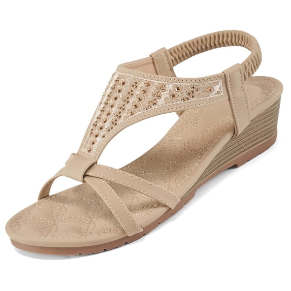 Ablanczoom Women Open Toe Platform Wedge Sandals - 1.88 Low Heel Elastic Ankle Strap