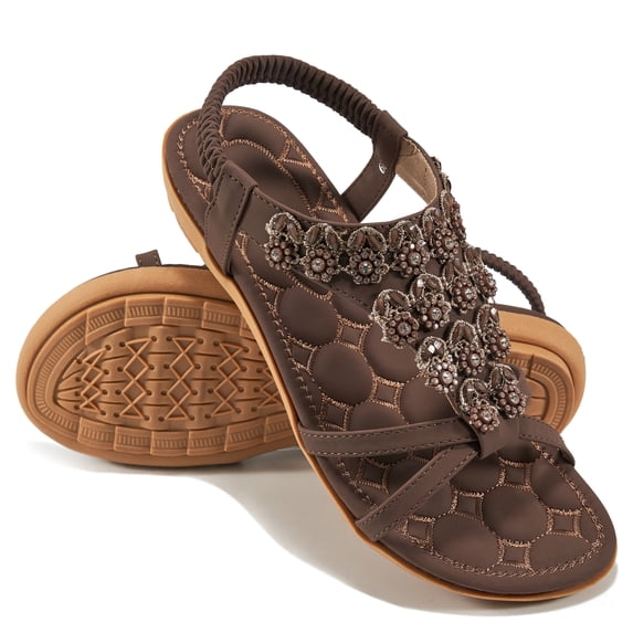 Ablanczoom Women's Flat Sandals Summer Casual Beach Sandal Ankle Elastic Jeweled Bohemian Shoes