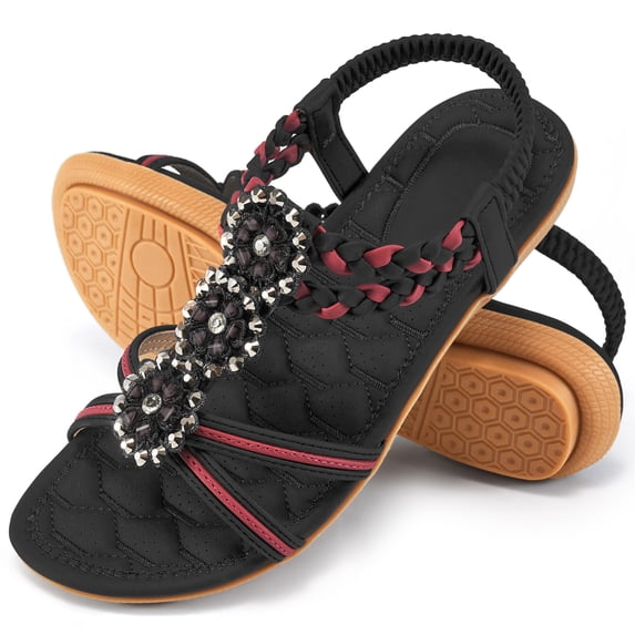 Ablanczoom Womens Sandals: Rhinestone Flower Comfortable Summer Flat Sandals for Women Beach Shoes
