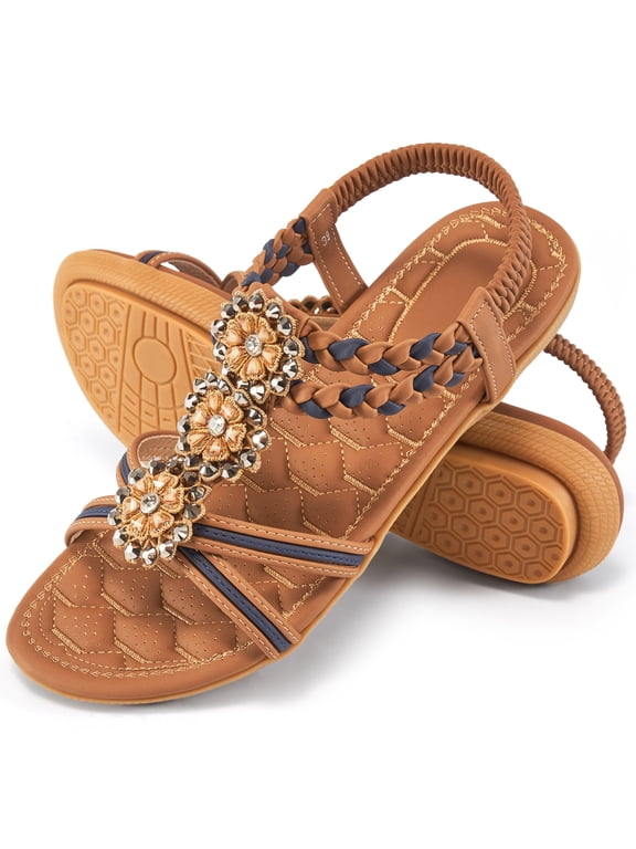 Women Flat Sandals: Comfortable Bohemian Rhinestone Elastic Ankle Strap No-slip Summer Dressy Beach Wedding Vacation Shoes