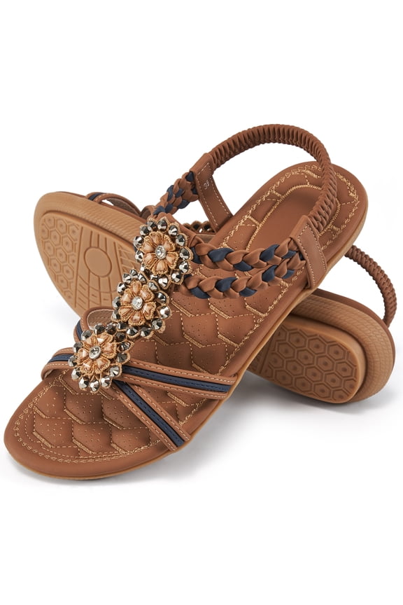Womens Sandals: Rhinestone Flower Comfortable Summer Flat Sandals for Women Beach Shoes