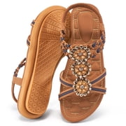 Womens Sandals Rhinestone Flower Summer Flat Sandals for Women Dress Shoes