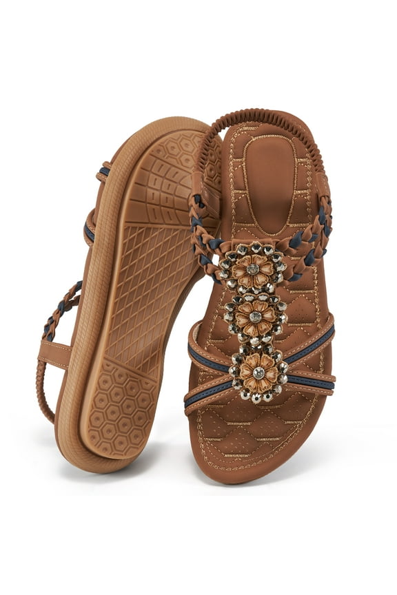 Womens Sandals Rhinestone Flower Summer Flat Sandals for Women Dress Shoes