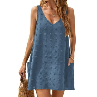 Ecetana Womens Summer Dress Swim Suit Cover Up V Neck Sleeveless Dress with Pockets