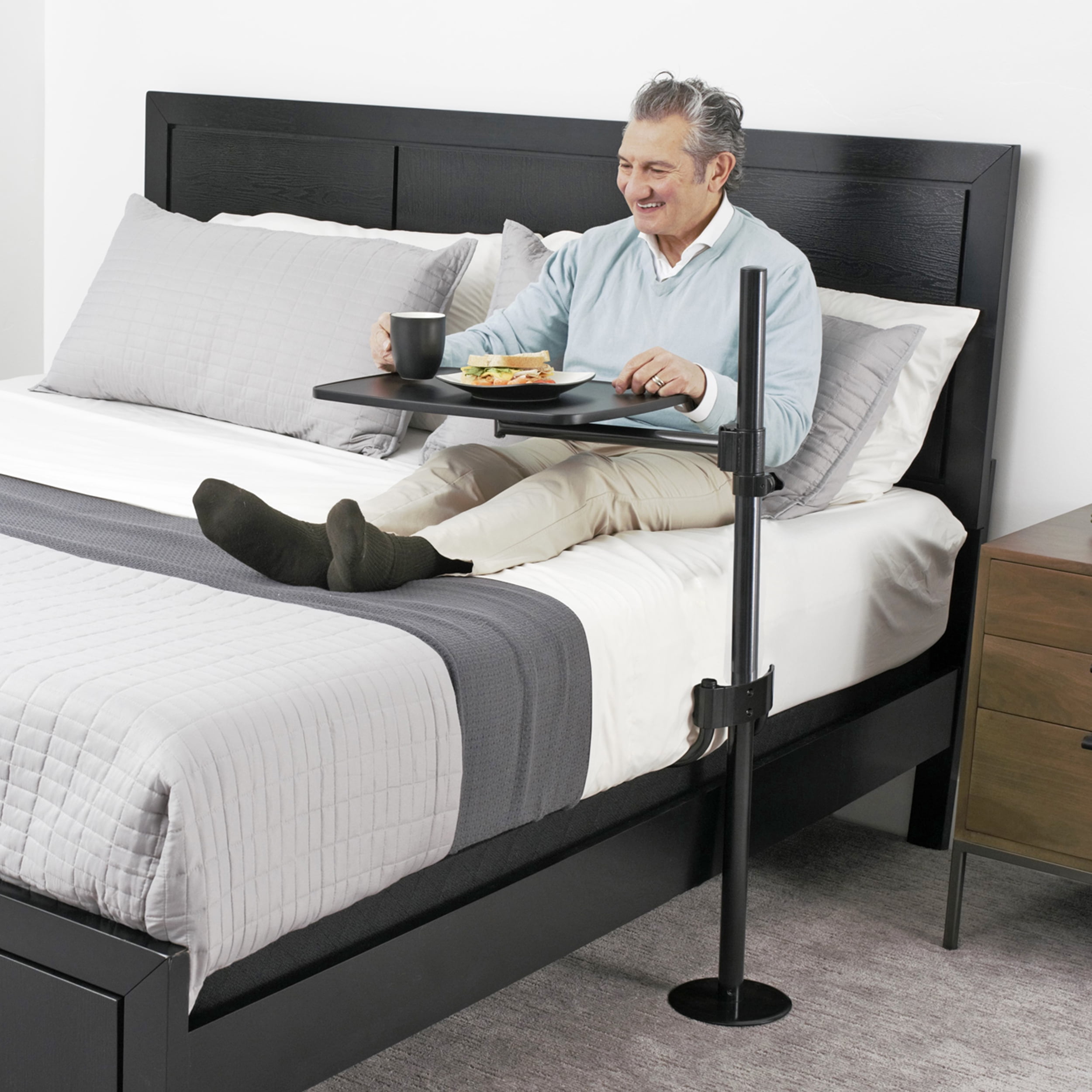Adjustable Black Overbed Table with Swivel Tray