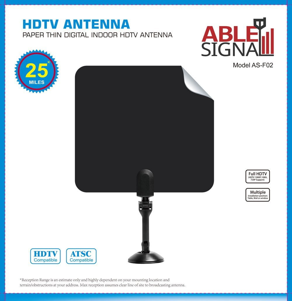 Able Signal INDOOR PAPER THIN FLAT HDTV TV ANTENNA 25 MILES VHF UHF