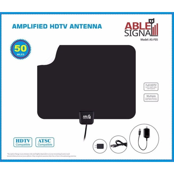 Able Signal Thin Flat Digital TV Antenna Indoor HDTV 4K HD 1080P Amplified Reversible White & Black 50 Miles Range