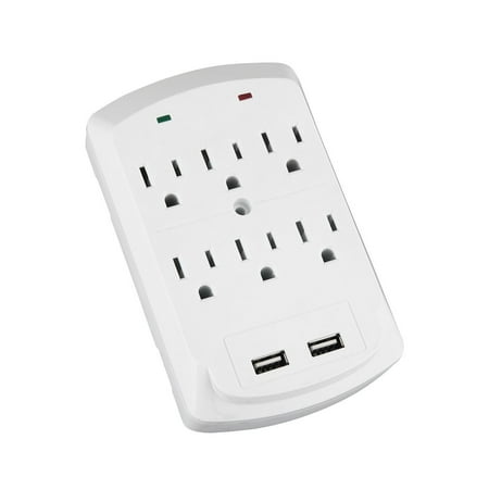 AblePower 6 Outlet Wall Tap Surge Protector w/2 USB Ports 300J