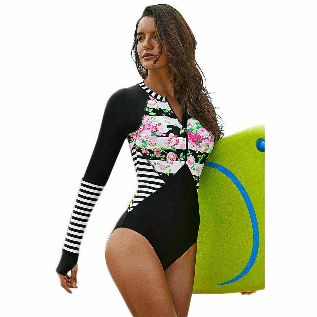 Ablegrid Women Long Sleeve Floral Printed Zip Front One Piece Swimsuit  Surfing Swimwear Bathing Suit - S, One-Piece, Rashguards