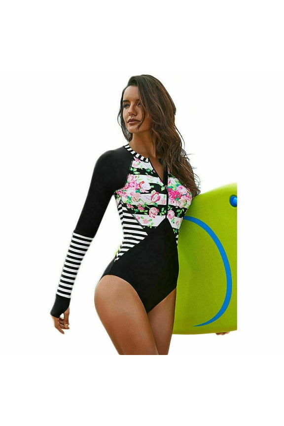 Women Long Sleeve Floral Printed Zip Front One Piece Swimsuit Surfing Swimwear Bathing Suit - S, One-Piece, Rashguards