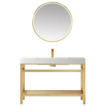 Ablitas 48" Single Sink Bath Vanity Brushed Gold Metal Frame White Top & Mirror