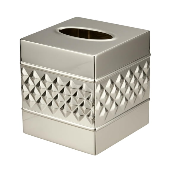 Abode Tissue Box Cover Square – Handcrafted Geo Embossed Nickel Chrome Finish Metal Tissue Holder Box for Bathroom Accessory, Aesthetic Decorative Facial Napkin Cube for Modern Home Décor