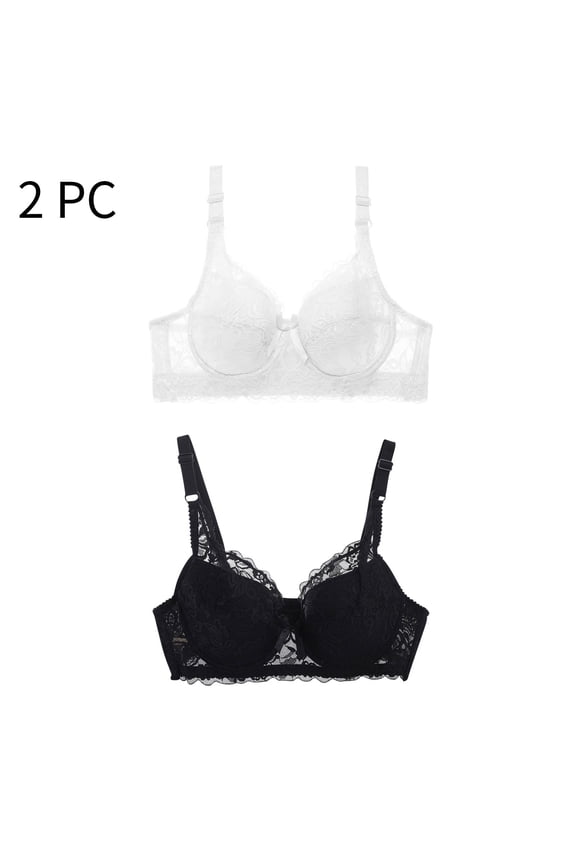 2 PC Women's Sexy Lace Bra Non Padded Underwire Unlined Bra Full Coverage Plus Size Lace Bralette Lifting Comfort Bra for Everyday Bras