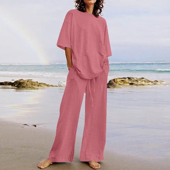Abomasnow Lounge Sets for Women Casual Short Sleeve Crew Neck Shirts and Wide Leg Pants 2 Piece Cotton Linen Pajama Outfits