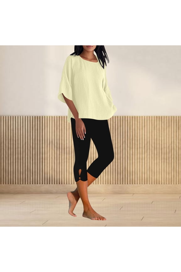 2 Piece Sets for Women Summer Half Sleeve Linen Tops and Capri Leggings Two Piece Lounge Set Matching Clothing