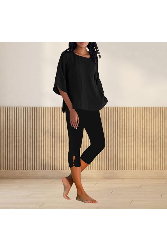 2 Piece Sets for Women Summer Half Sleeve Linen Tops and Capri Leggings Two Piece Lounge Set Matching Clothing