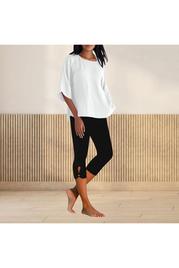 2 Piece Sets for Women Summer Half Sleeve Linen Tops and Capri Leggings Two Piece Lounge Set Matching Clothing