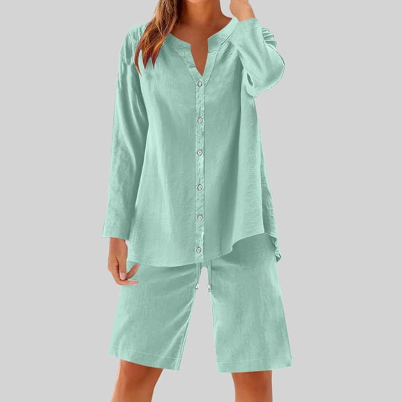 Abomasnow 2 Piece Sets for Women Summer Long Sleeve Button Down Shirts and Gauze Bermuda Shorts Fashion Beach Vacation Outfits