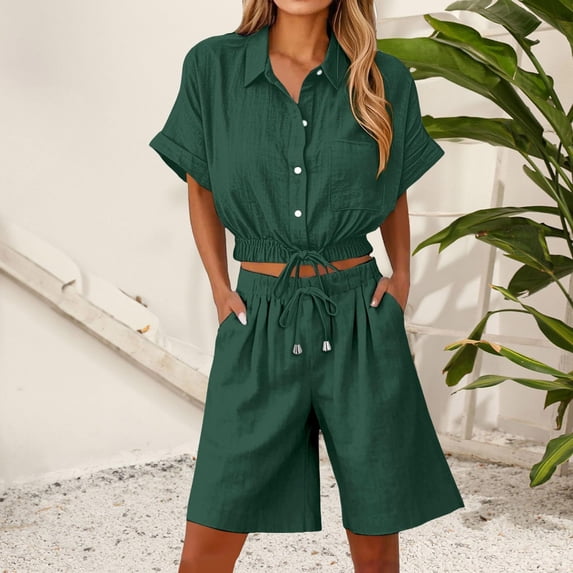 Abomasnow 2 Piece Sets for Women Summer Short Sleeve Crop Top and Drawstring Shorts Matching Sets Vacation Travel Outfits