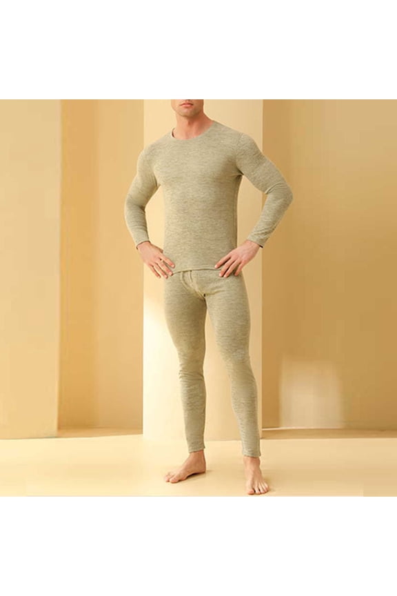 2 Piece Thermal Underwear Set for Men Thermal Long Johns Set Wool Lined Warm Top and Bottom with Separate Pouch