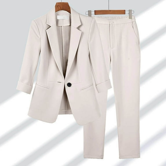 Abomasnow 2 Piece Women's Linen Suit Set Plus Size Notched Lapel One Button Slim Fit Business Office Work Blazer Jacket and Pants Set M-4XL