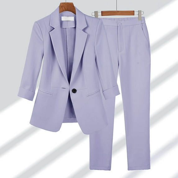 Abomasnow 2 Piece Women's Linen Suit Set Plus Size Notched Lapel One Button Slim Fit Business Office Work Blazer Jacket and Pants Set M-4XL