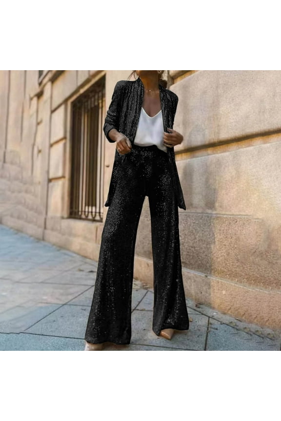 2 Piece Women's Sequins Suits Set Open Front Blazer Coat and Wide Leg Blazer Pant Wedding Tuxedos Party Wear Suits