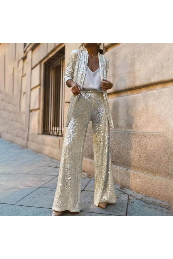 2 Piece Women's Sequins Suits Set Open Front Blazer Coat and Wide Leg Blazer Pant Wedding Tuxedos Party Wear Suits
