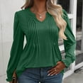thumbnail image 1 of Abomasnow 2024 Fall Long Sleeve Tops for Womens Casual V Neck Pleated Front Shirts Solid Smocked Cuffs Sleeves Tunic Blouse Casual Loose Fashion T Shirts, 1 of 7
