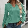 thumbnail image 1 of Abomasnow 2025 Fall Long Sleeve Tops for Womens Casual V Neck Pleated Front Shirts Solid Smocked Cuffs Sleeves Tunic Blouse Casual Loose Fashion T Shirts, 1 of 6