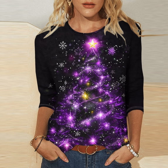 Abomasnow 3/4 Length Sleeve Womens Tops Casual Loose Fit Xmas Tree Print Crewneck T Shirts Cute Three Quarter Length Tunic Tops