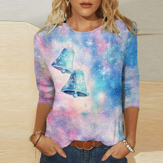 Abomasnow 3/4 Length Sleeve Womens Tops Casual Loose Fit Xmas Tree Print Crewneck T Shirts Cute Three Quarter Length Tunic Tops