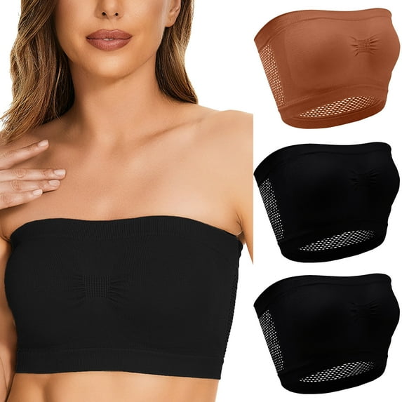 Abomasnow 3 Pack Strapless Bras for Women Plus Size 4-Way Stretchy Tube Top Bra Seamless Wireless Bandeau Bra No Underwire, Breathable Comfort Padded Bralettes for Everyday Wear