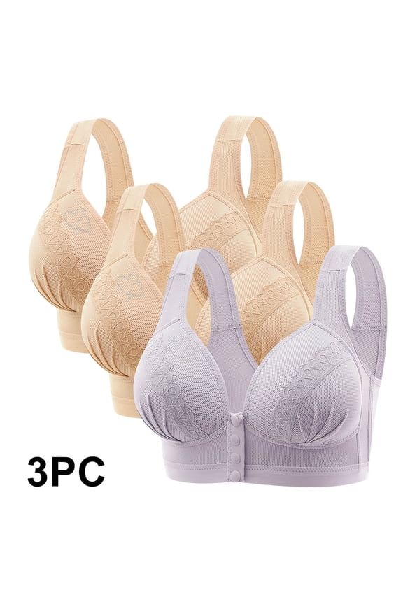 3 Packs Daisy Bras for Older Women, Wireless Full-Coverage Snap Front Button Up Bra Breathable Comfortable No Underwire Nursing Everyday Bras
