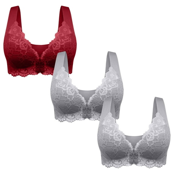 Abomasnow 3 Pcs Women's Front Closure Bra Lace Underwire Unpadded Plus Size Bras Wireless Full Coverage Breathable Seamless T-Shirt Bras