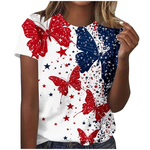 Abomasnow 4Th of July Shirts for Women Plus Size 3/4 Sleeve Crewneck American Flag Graphic T-Shirts S-5XL