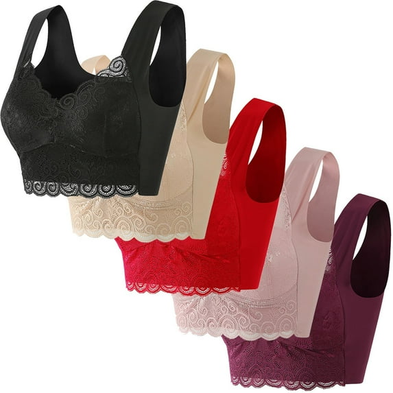 Abomasnow 5 Piece Plus Size Bras for Women No Underwire Back Smoothing Bra Comfortable Wireless Seamless Full Coverage T-Shirt Bralettes M-5XL