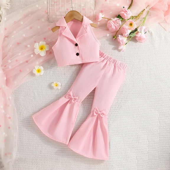 Abomasnow Baby Girl Clothes Summer Solid Knit Sleeveless Notch Lapel Top & Flare Pants Set 2 Piece Toddler Bell-bottoms Outfit