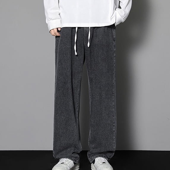 Abomasnow Baggy Jeans for Men Drawstring Elastic Waist Loose Fit Y2K Denim Pants Lightweight Straight Leg Cargo Jean with Pockets