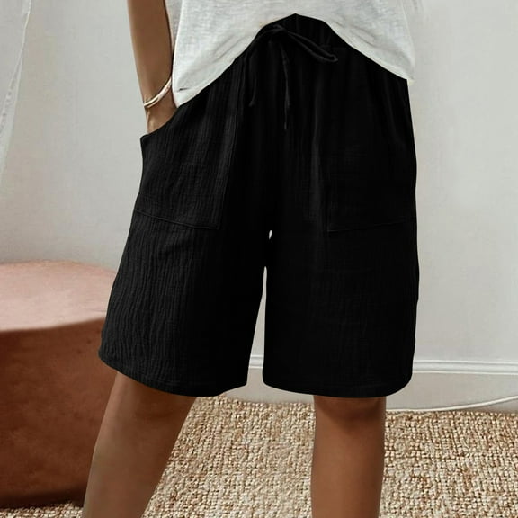 Abomasnow Bermuda Shorts for Women 2025 Summer Cotton Linen Gauze Wide Leg Drawstring Casual Knee Length Bermuda Shorts
