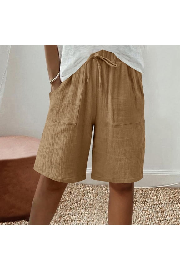 Bermuda Shorts for Women 2025 Summer Cotton Linen Gauze Wide Leg Drawstring Casual Knee Length Bermuda Shorts