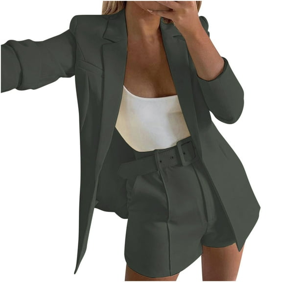 Abomasnow Blazer Shorts Set for Women 2 Piece Long Sleeve Open Front Blazers Short Suits Business Outfits with Belt