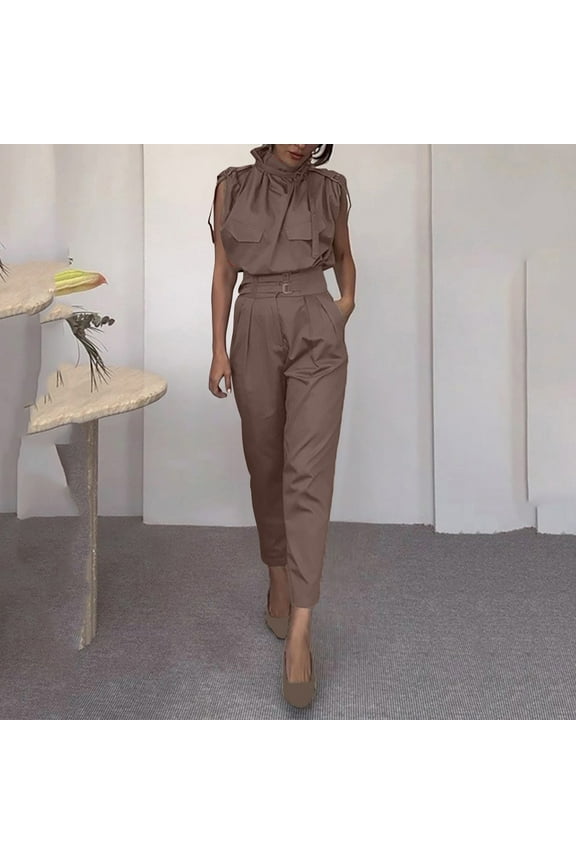 Blazers Set for Women Dressy Summer One Piece Sleeveless Ruffle Mock Neck Belt Pockets Formal Wide Leg Pants Romper