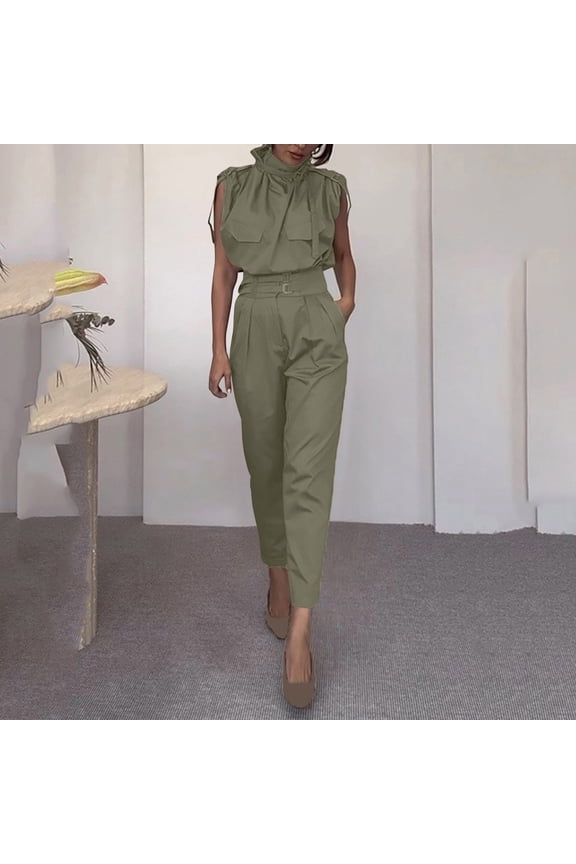 Blazers Set for Women Dressy Summer One Piece Sleeveless Ruffle Mock Neck Belt Pockets Formal Wide Leg Pants Romper