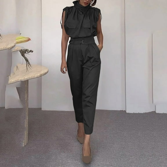 Abomasnow Blazers Set for Women Dressy Summer One Piece Sleeveless Ruffle Mock Neck Belt Pockets Formal Wide Leg Pants Romper